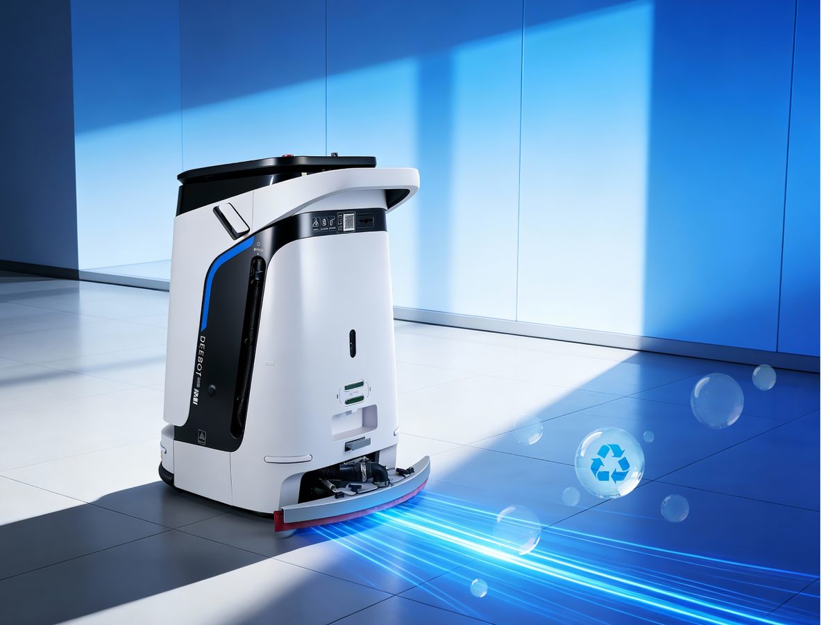 Robot lavapavimenti professionale DEEBOT PRO M1 in azione su pavimento di un ufficio